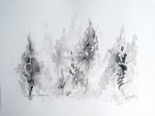 Sapins dans la Brume - Fir Trees in the Mist by Marie-Claude ELLHËA, Drawing for Sale on Select