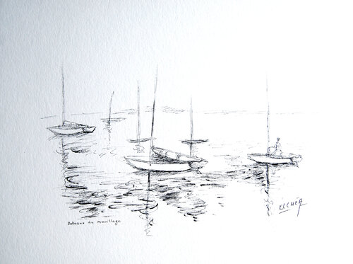 Sailboats at anchor - Bateaux au Mouillage by Marie-Claude ELLHËA, Drawing for Sale on Select