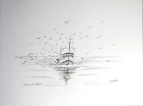 Retour de Pêche - Return from Fishing by Marie-Claude ELLHËA, Drawing for Sale on Select
