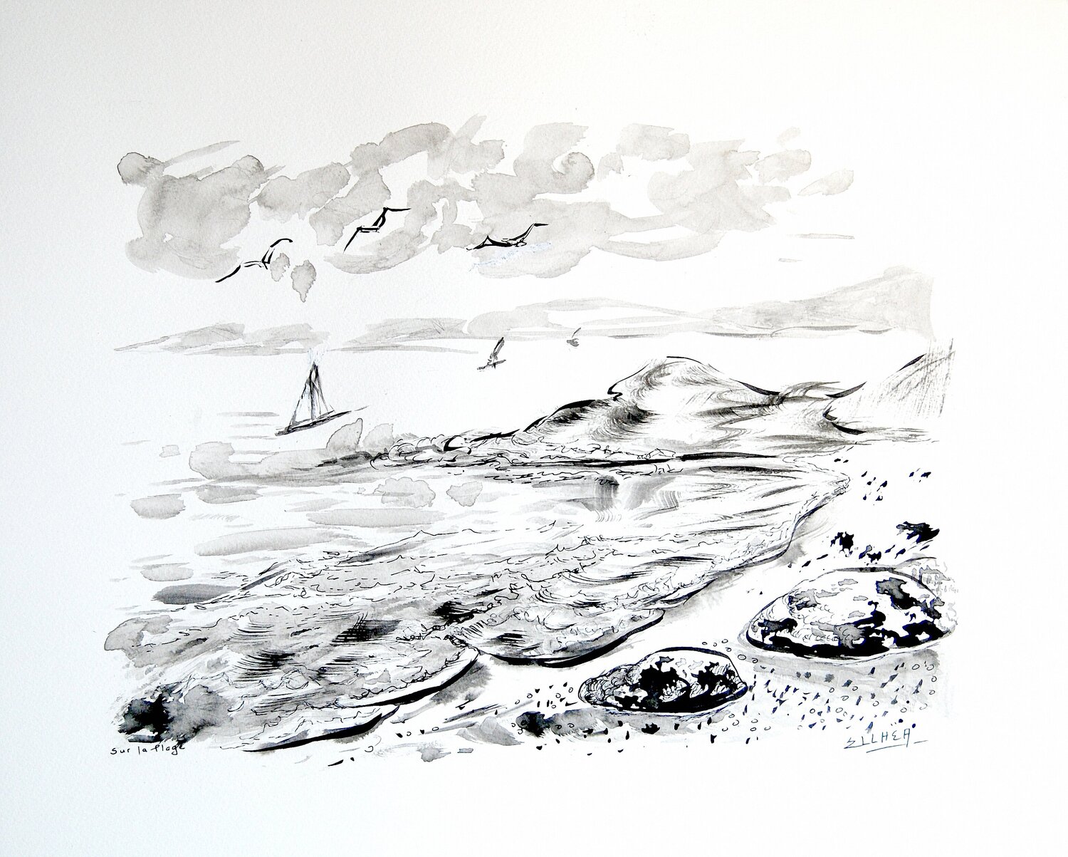 Sur la Plage - encre noire Marie-Claude ELLHËA Drawing for sale