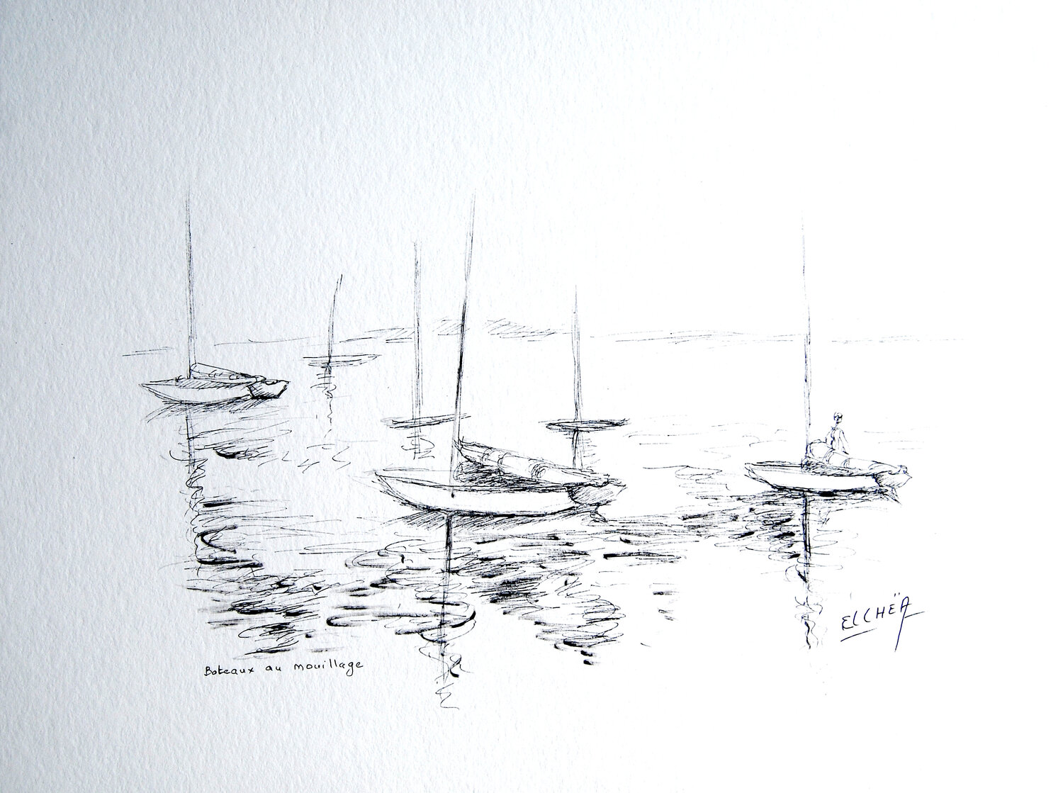 Sailboats at anchor - Bateaux au Mouillage Marie-Claude ELLHËA Drawing for sale