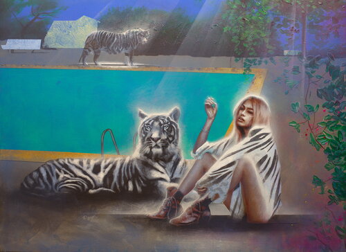 Untitled ( White Tiger and a Girl with White Tiger fur blanket ) by Michael Andrew Law Cheuk Yui, Painting for Sale on Select