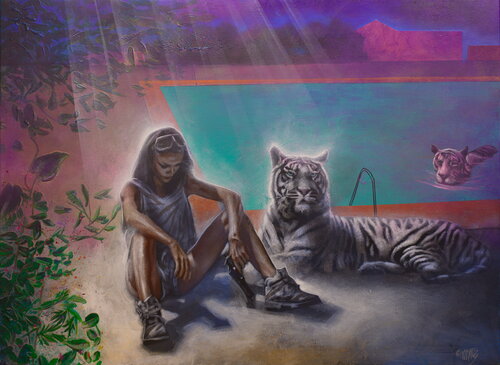Untitled ( White Tiger and a Girl with White Tiger Next to a pool ) by Michael Andrew Law Cheuk Yui, Painting for Sale on Select