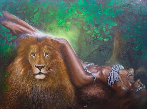 Untitled (Woman with Tiger fur lingerie with a Lion) by Michael Andrew Law Cheuk Yui, Painting for Sale on Select