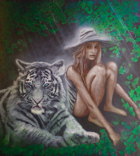 Untitled (A Girl with Tiger fur with a white Tiger) by Michael Andrew Law Cheuk Yui, Painting for Sale on Select