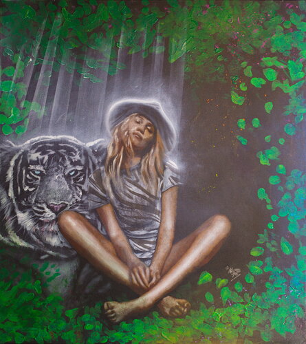 Untitled (A Girl with Tiger fur with a white Tiger) von Michael Andrew Law Cheuk Yui, Malerei kaufen auf Select