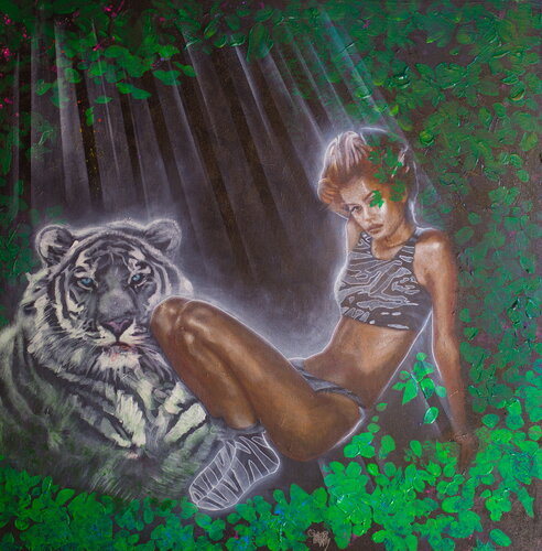 Untitled (White Tiger and a girl with tiger fur) by Michael Andrew Law Cheuk Yui, Painting for Sale on Select