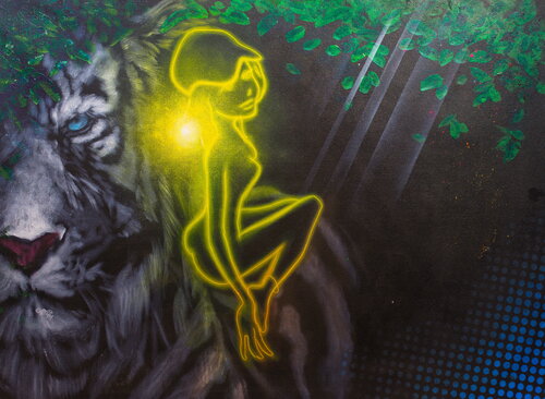 Untitled ( White Tiger and a Digital Manga Yellow Neon Light Girl with White Tiger ) by Michael Andrew Law Cheuk Yui, Painting for Sale on Select