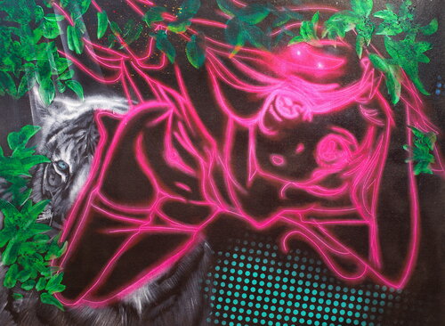 Untitled ( White Tiger and a Digital Manga Pink Neon Light Girl with White Tiger ) by Michael Andrew Law Cheuk Yui, Painting for Sale on Select
