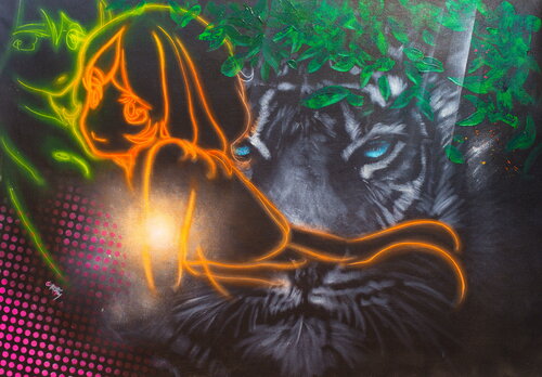 Untitled ( White Tiger and a Digital Manga Neon Light Girl with White Tiger ) by Michael Andrew Law Cheuk Yui, Painting for Sale on Select