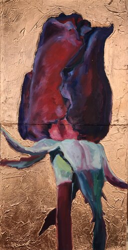A Deep Red Rose Bud Of Passionate Love (Red Gold Diptycon) by Eva Konya, Painting for Sale on Select
