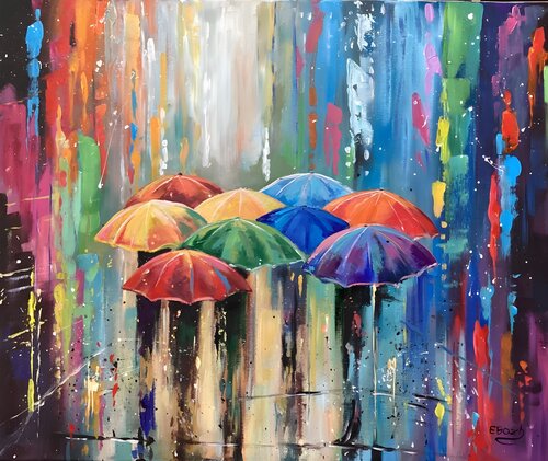 Umbrellas of Hues by Eva Bazhenova, Painting for Sale on Select