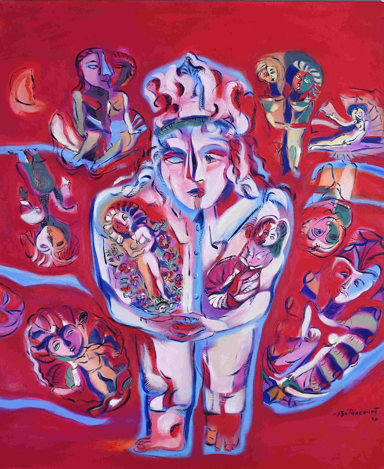 PASE DEL NIÑO EN ROJOS Miguel Betancourt Original painting for sale