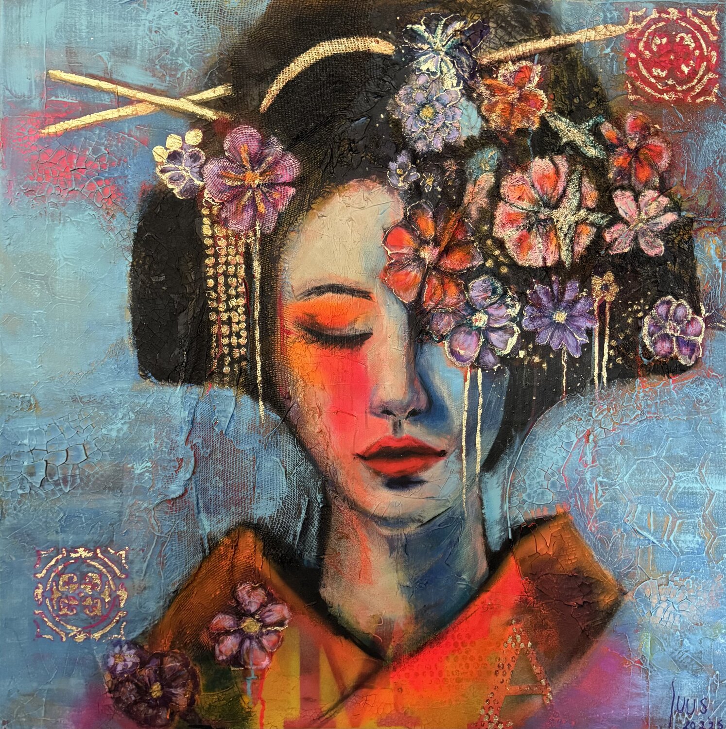 Portret of a Geisha Blue Luus Blankenaauw Original painting for sale