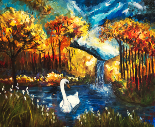 Swan Lake In Autumn Woods by Michael Hartstein, Painting for Sale on Select