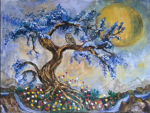 Old Tree and Owl von Michael Hartstein, Malerei kaufen auf Select
