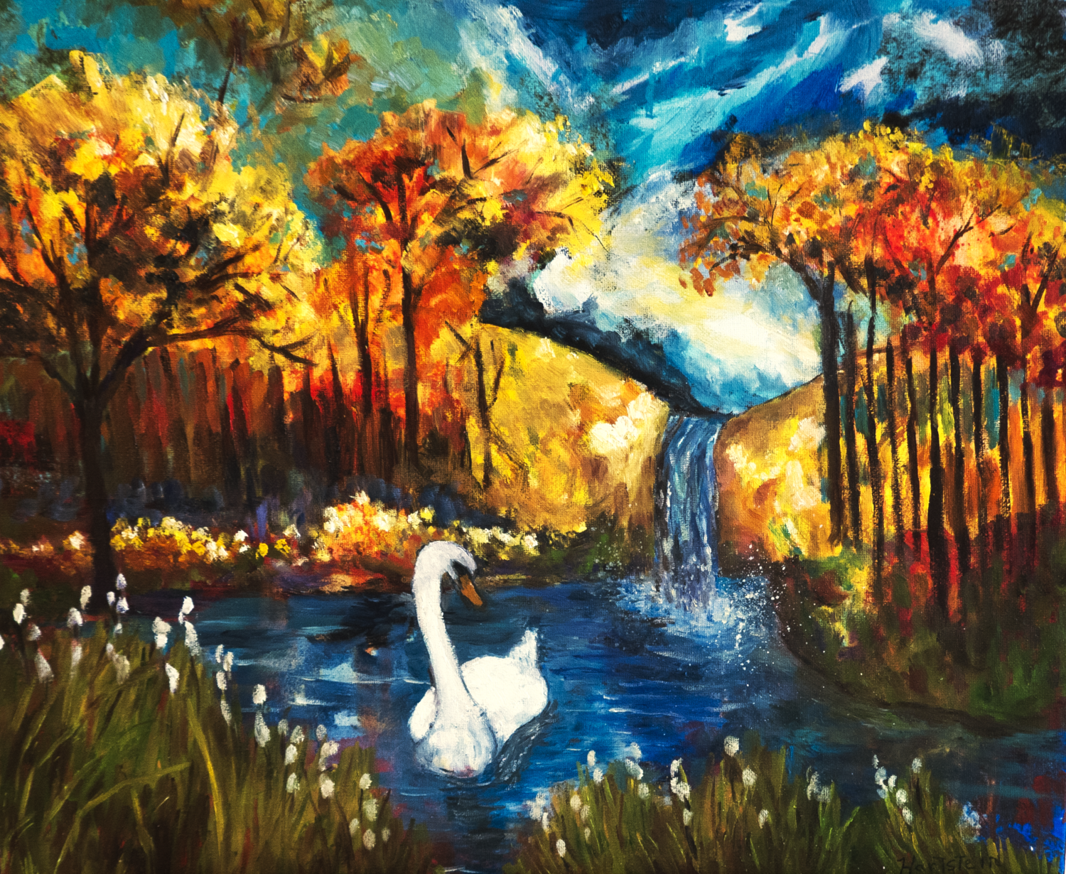 Swan Lake In Autumn Woods Michael Hartstein Original painting for sale