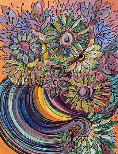Flowers in striped vase by Olga 'ROArtUS' Rokhmanyuk, Painting for Sale on Select