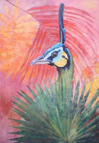 Pfau im Palmenfächer by Tamara Siebert, Painting for Sale on Select