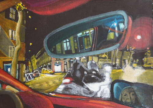 Der Rückspiegel, Paris nachts im Auto by Christoph Fischer, Painting for Sale on Select