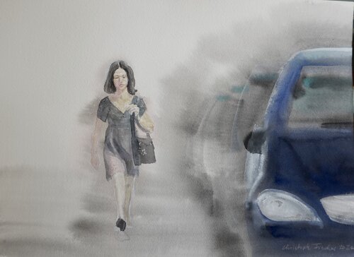 Frau versus PKW by Christoph Fischer, Painting for Sale on Select