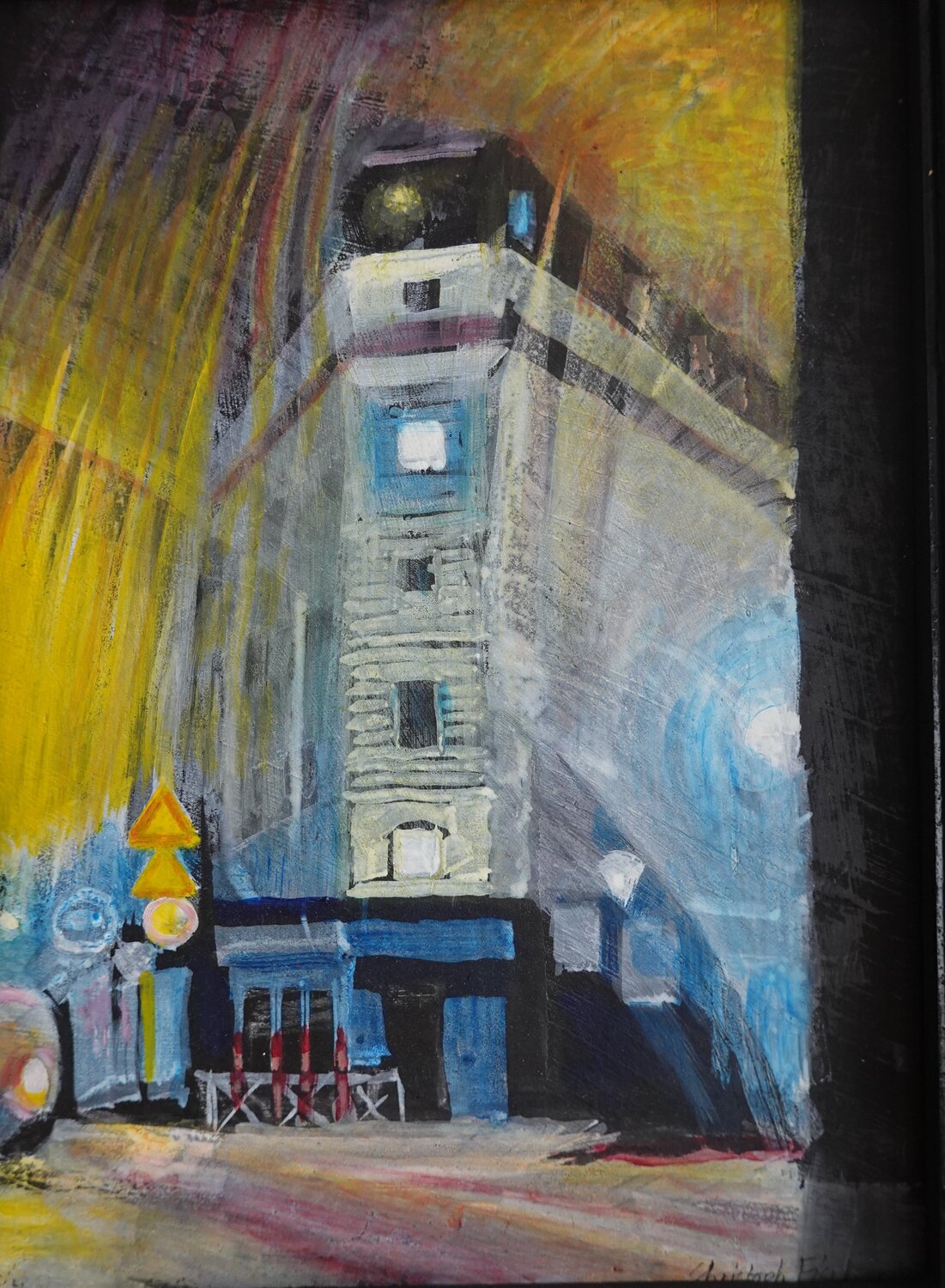 Der Rückspiegel, Paris nachts im Auto, Regen Christoph Fischer Original painting for sale