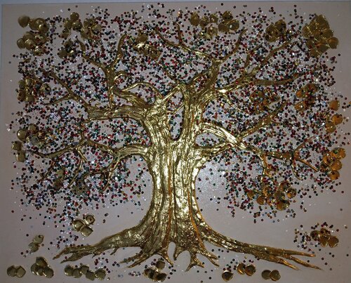 Acryl Bild "Reichtums Baum"   Blattgold, Pailletten, Strass Steine. by Irene Schlik, Painting for Sale on Select