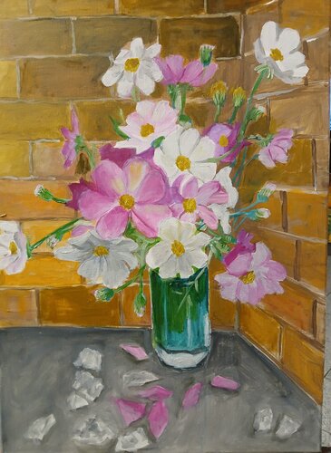 Ölgemälde "Vase mit Blumen an der Wand" von Irene Schlik, Malerei kaufen auf Select