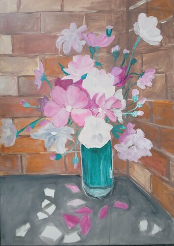 Ölgemälde "Vase mit Blumen an der Wand" by Irene Schlik, Painting for Sale on Select