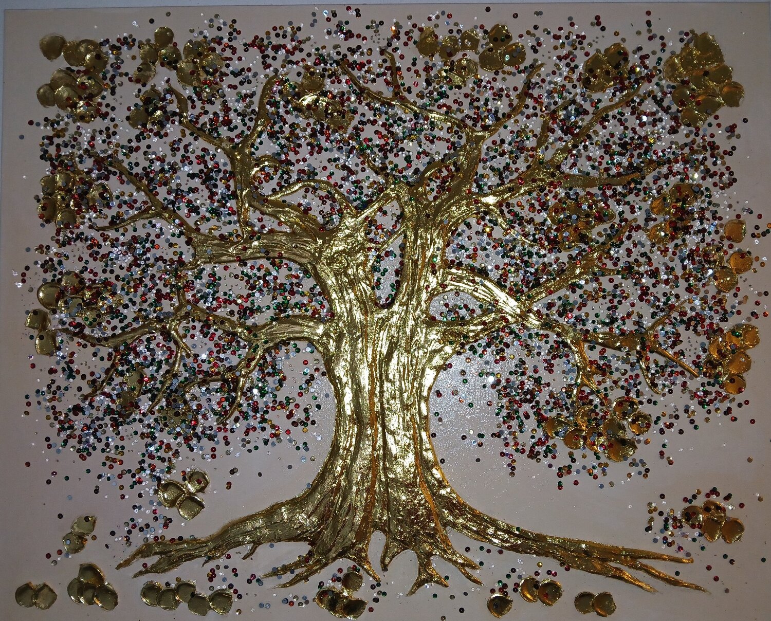 Acryl Bild "Reichtums Baum"   Blattgold, Pailletten, Strass Steine. Irene Schlik Original painting for sale