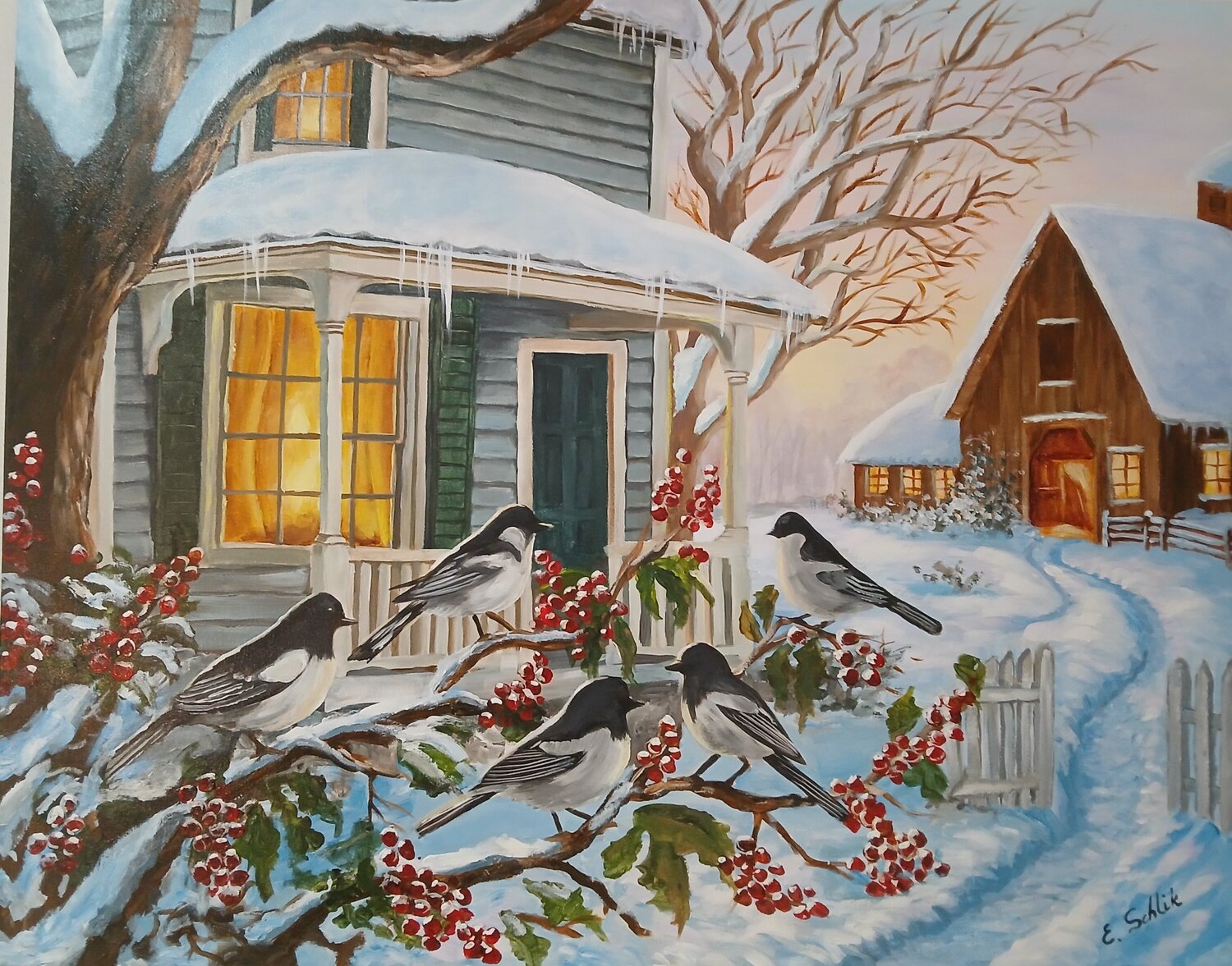 Acryl Bild "Winterzauber vor der Veranda" Irene Schlik Original painting for sale