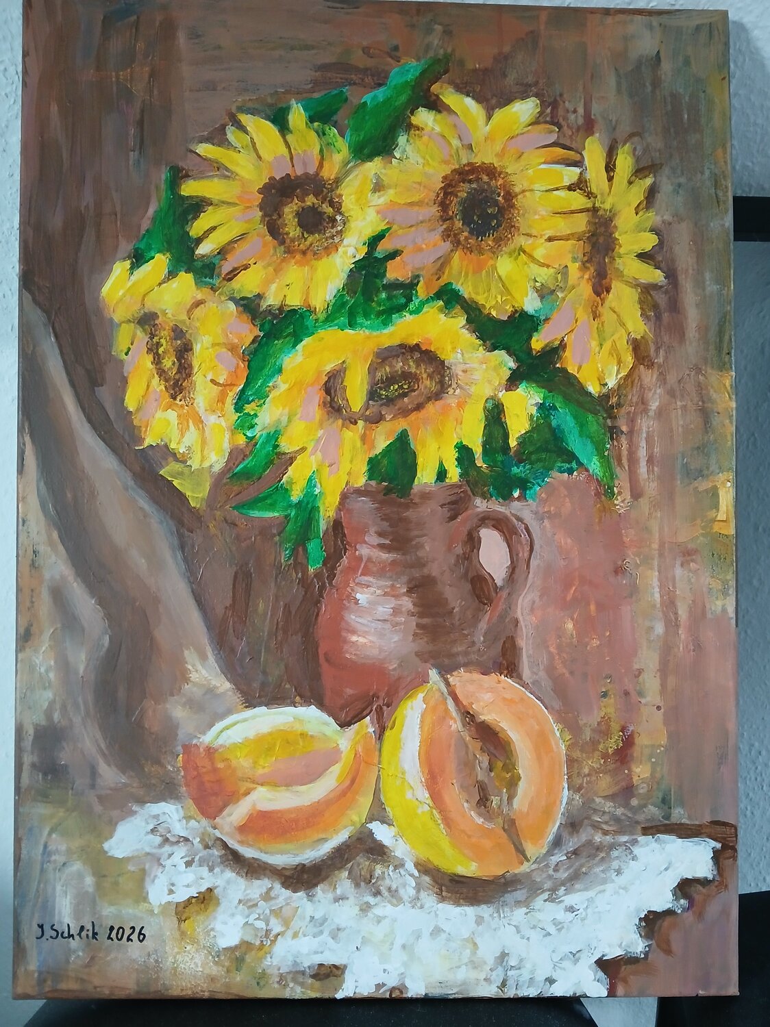 Acryl Bild  Struktur "Sonnenblumen Strauß und Zuckermelone"    50cm x 70cm Irene Schlik Original painting for sale