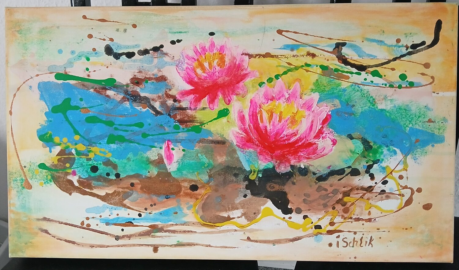 Acryl Bild " Zwei Seerosen" Irene Schlik Original painting for sale