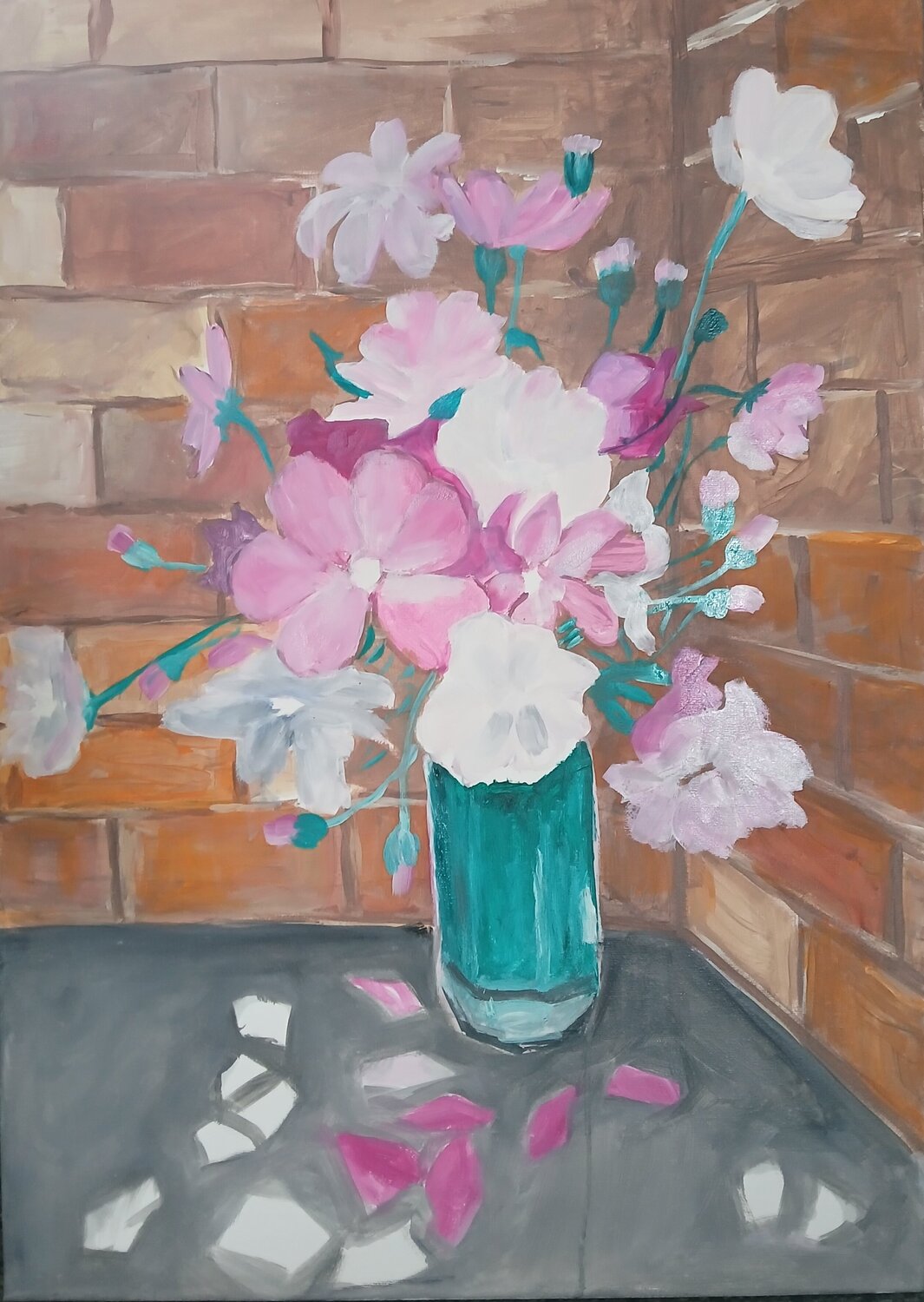 Ölgemälde "Vase mit Blumen an der Wand" Irene Schlik Original painting for sale