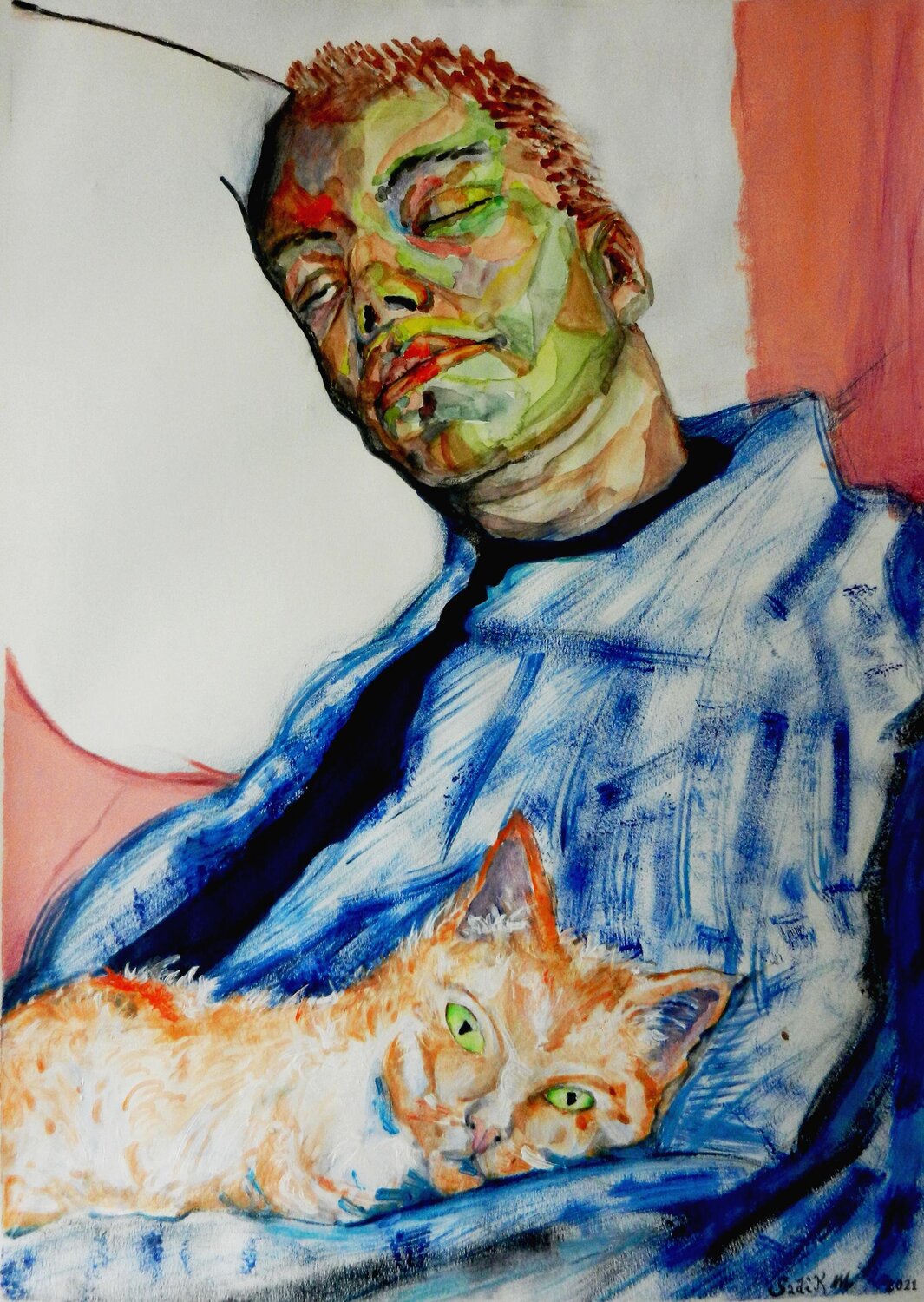 cat wake up! Sadik Mottola Original painting for sale