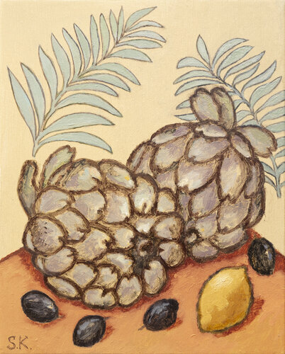 ARTICHOKES WITH PALM LEAVES von Svetlana Kurmaz, Malerei kaufen auf Select