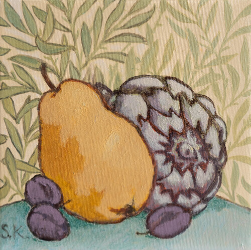 WILLOW SHOOTS, RIPE PEAR AND ARTICHOKE von Svetlana Kurmaz, Malerei kaufen auf Select