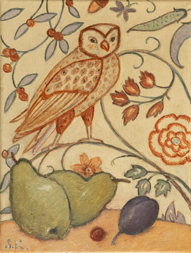 RED OWL AND WINTER PEARS von Svetlana Kurmaz, Malerei kaufen auf Select