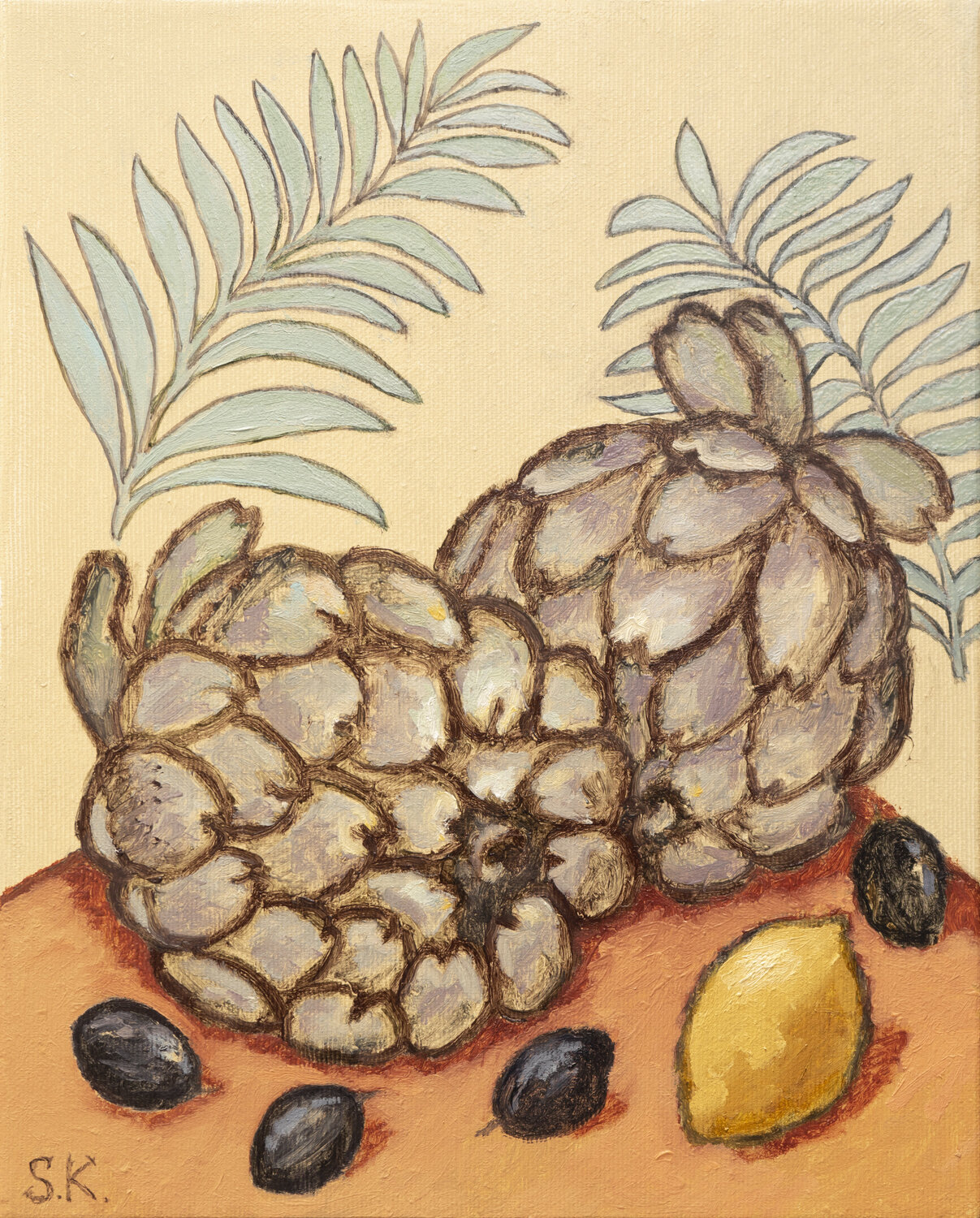 ARTICHOKES WITH PALM LEAVES Svetlana Kurmaz Original painting for sale