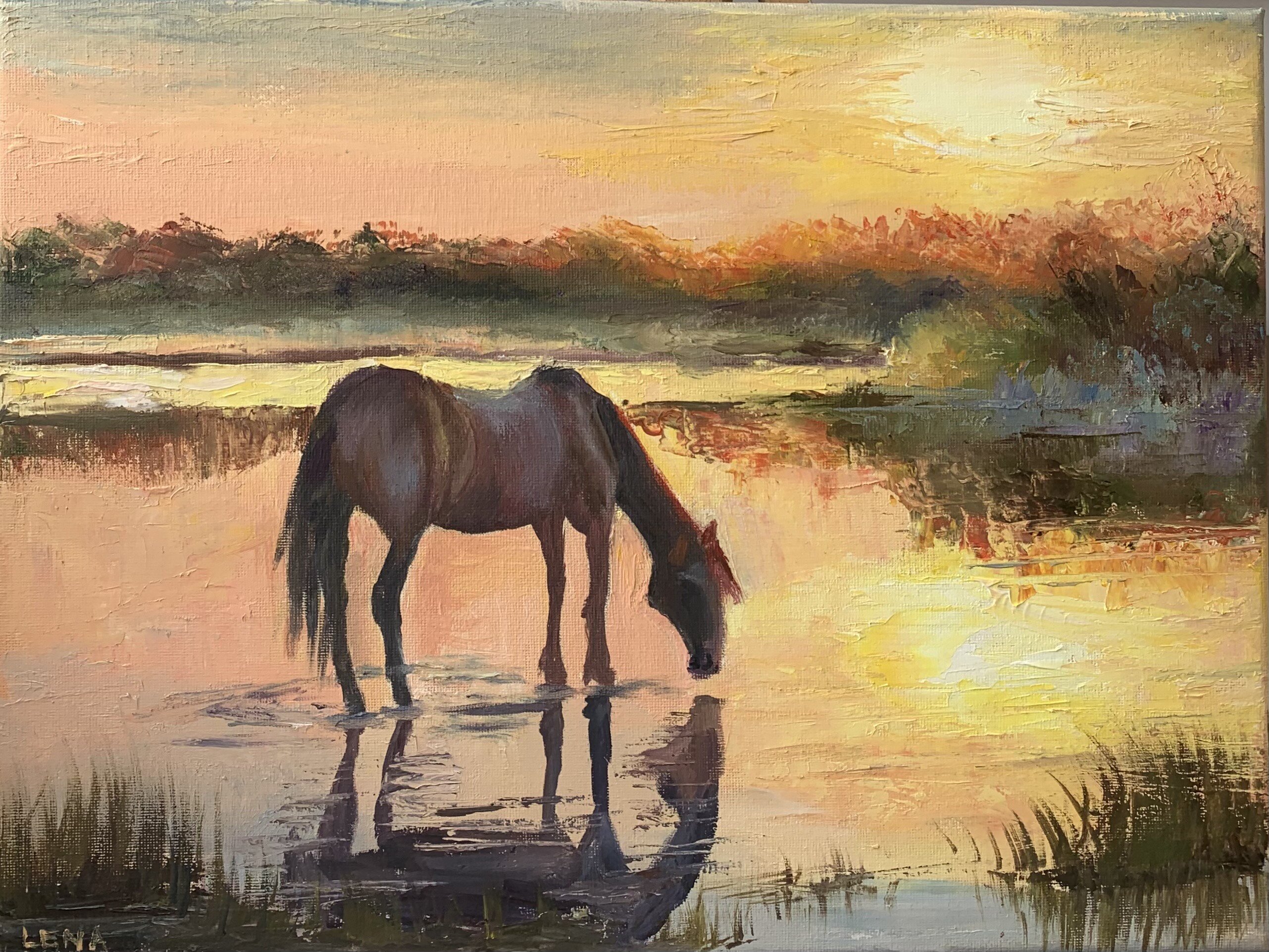 The horse, sunset landscape oil painting