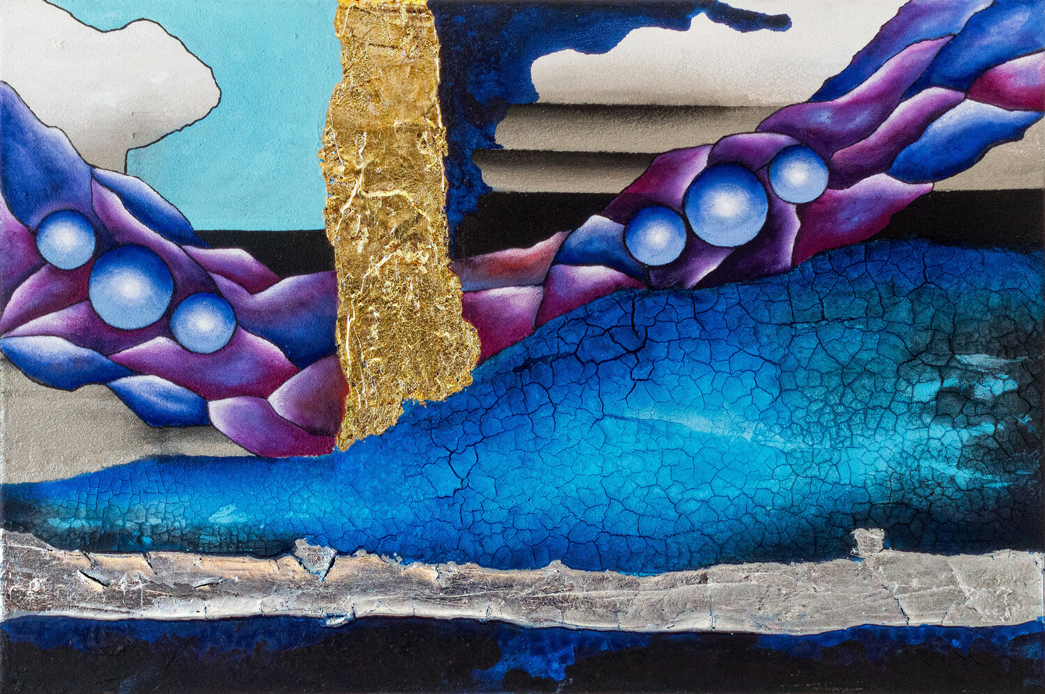 Harmonie der Elemente Abstrakte Malerei mit Goldveredelung und dynamischen Blautönen Fortuna Per Original painting for sale