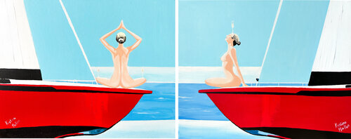 Diptych Yacht Yoga: Zen & Bubbles by Kristina Mallen, Painting for Sale on Select