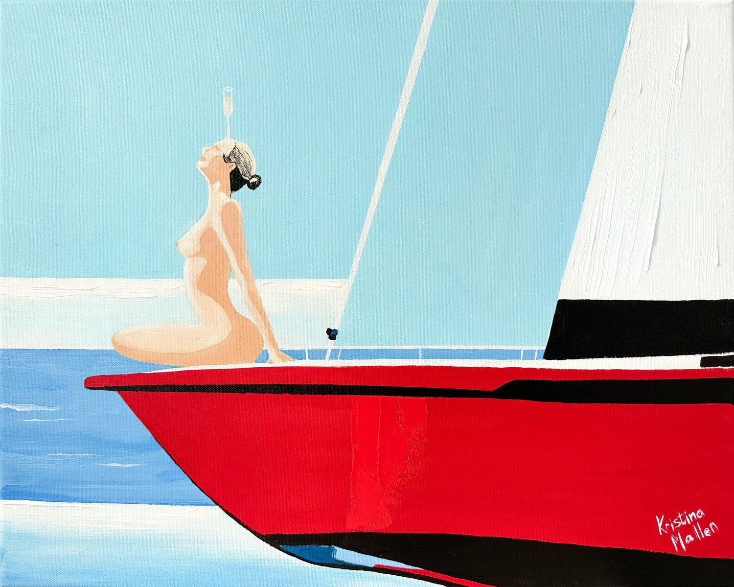 Yacht Yoga: Zen & Bubbles Kristina Mallen Original painting for sale