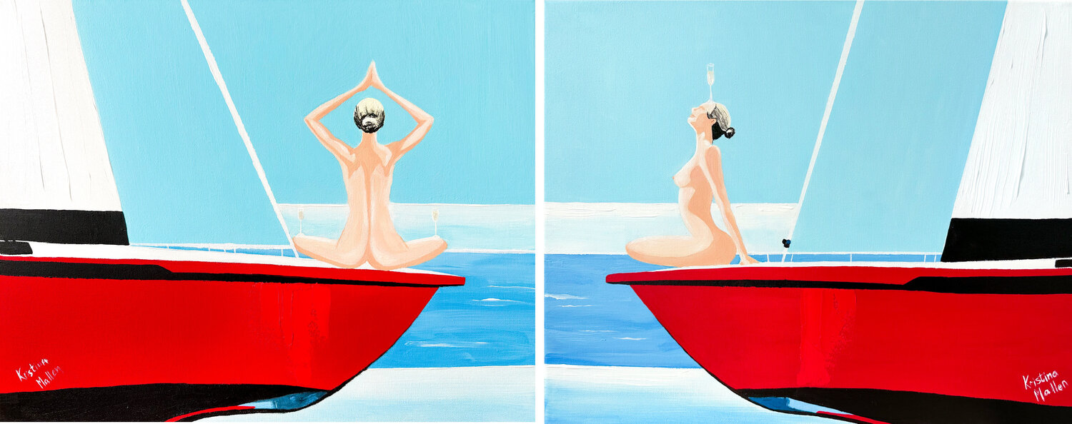 Diptych Yacht Yoga: Zen & Bubbles Kristina Mallen Original painting for sale