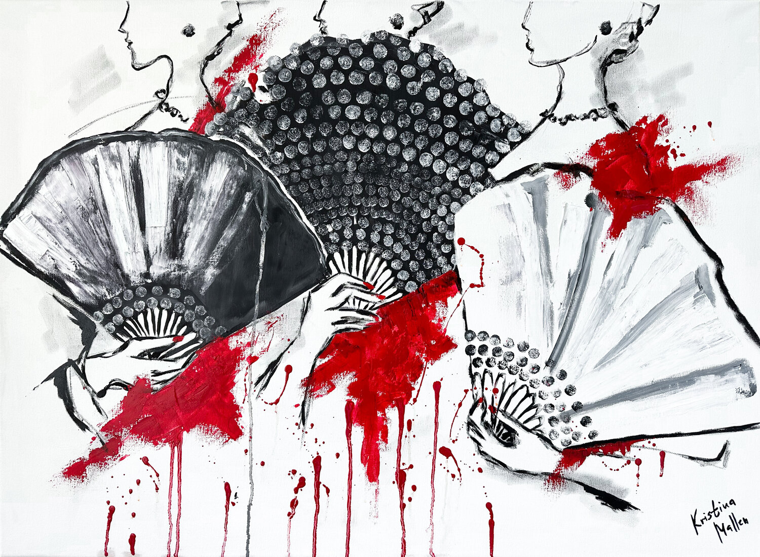 Three Ladies with Fans Kristina Mallen Original painting for sale