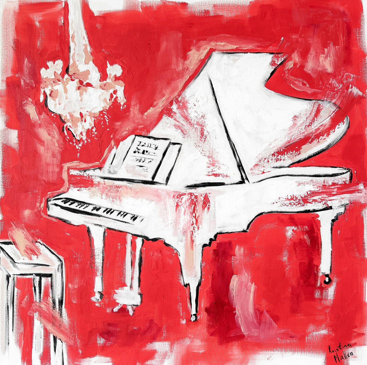 Coral Room with White Piano Kristina Mallen Original painting for sale