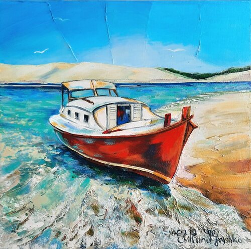 La Pinasse rouge et la Dune de Pyla. by Svitlana Gryshko Loguinoff, Painting for Sale on Select