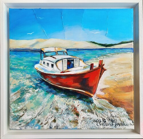 La Pinasse rouge et la Dune de Pyla. by Svitlana Gryshko Loguinoff, Painting for Sale on Select