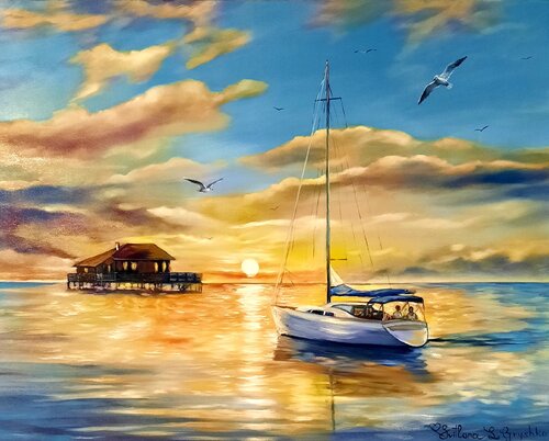 Un verre de champagne au coucher du soleil à Arcachon by Svitlana Gryshko Loguinoff, Painting for Sale on Select