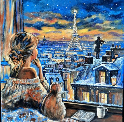 La ville sous la neige. Le violoniste sur le toit de Paris. von Svitlana Gryshko Loguinoff, Malerei kaufen auf Select